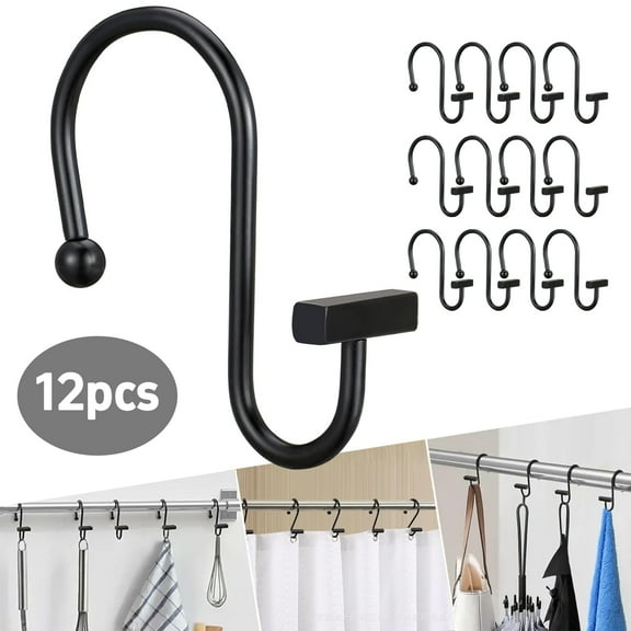 Rongsi 12PCS Shower Curtain Hooks, Black Shower Curtain Rings Rust Proof, Shower Hooks for Shower Curtain, T-Bar Design Convenient Elegant Shower Curtain Hangers for Bathroom Kitchen Wardrobe