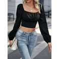 thumbnail image 6 of Women'S Ruched Wrap Square Neck Flounce Long Sleeve Crop Top Blouse Black M, 6 of 9