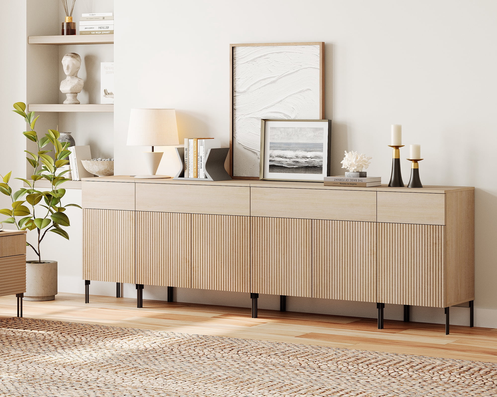 94.5" Reeded Accent Cabinet Set with Charging Station, Modern Credenza Storage Cabinet with Doors and Drawers for Living Room, Kitchen, Dining Room, Hallway