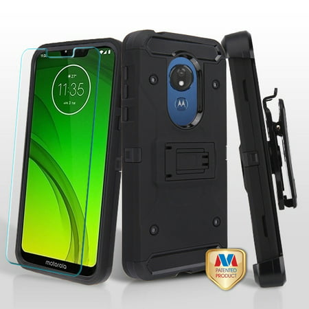 Motorola MOTO G7 Power G7 Supra Phone Case Tuff Hybrid Kinetic Rugged TPU Dual Layer Hard Protective Cover Swivel Belt Clip Holster + Tempered Glass BLACK Case Cover for Motorola Moto G7