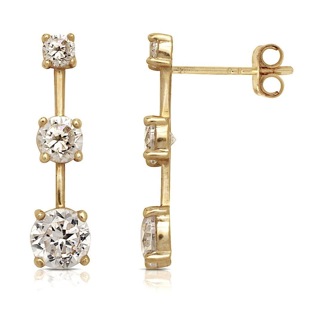 14k Yellow Gold Climber Post Earrings with Circles and Cubic Zirconias