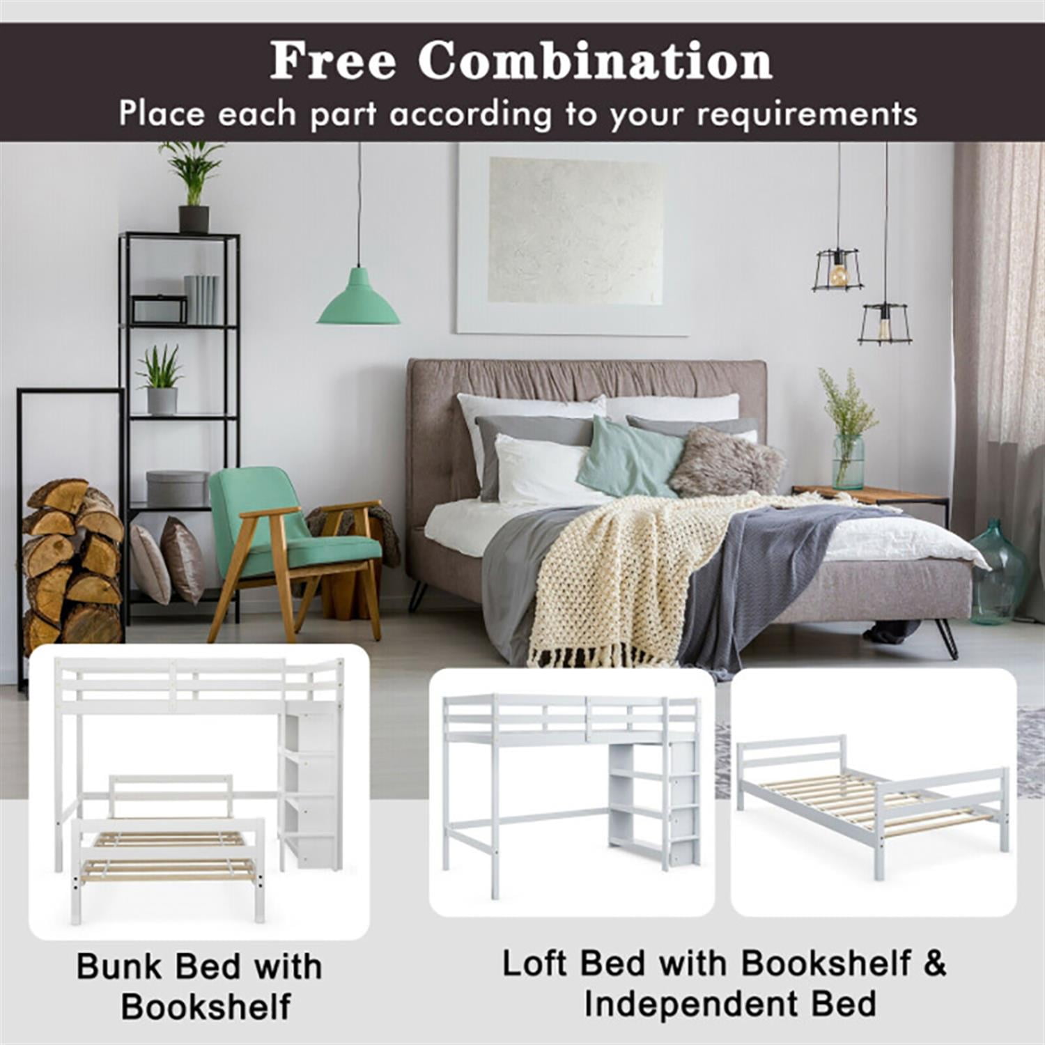 Demi Bonn Twin Over Twin Loft Bunk Bed with Bookcase, Twin Bunk Beds, Space-saving Solid Wood House Bed Frame, White