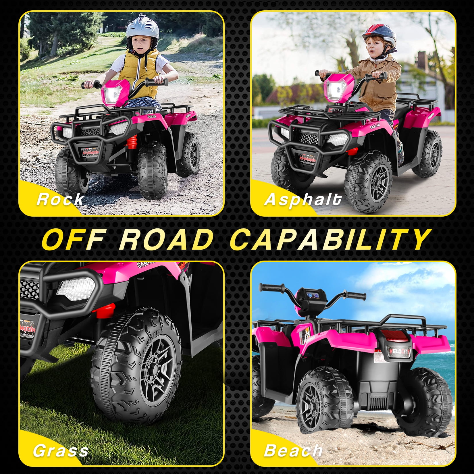 Funcid 12V Kids Ride on ATV 4-Wheeler Quad Battery Powered Electric Car with High/Low Speed, 2X30W Motor, Treaded Tires, Soft Braking, LED Light, Music, Rose Red