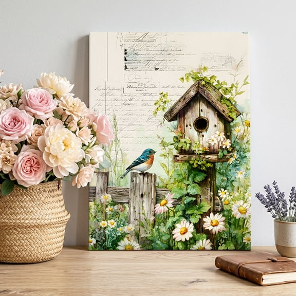 Canvas Wall Art Spring Florals Canvas Art Print Country Bird House Fence White Daisy Leaf Beige Pictures Wall Decor for Living Room Bedroom Artwork Decorations Stretched Framed Ready to Hang 8"x12"