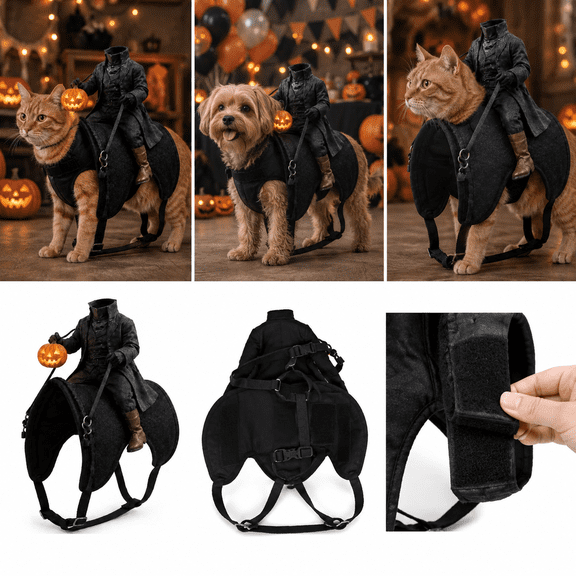 Headless Horseman Cat Costume, Funny 3D Rider Halloween Pet Outfit with Spooky Horseman Design and Magic Tape for Cats Puppies and Small Dogs