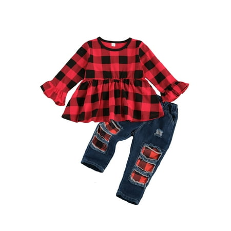 

COUTEXYI Baby Girl Fall Shirt Pants Suit Ripped Denim Trousers
