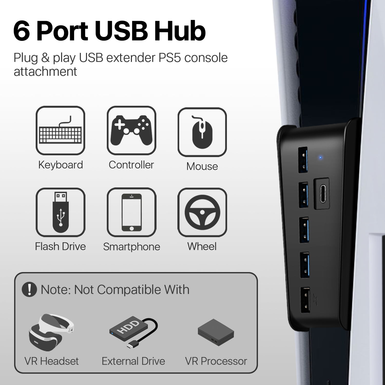6 in 1 USB Hub USB Splitter Expander Adapter With USB5A + 1C Ports For PS5