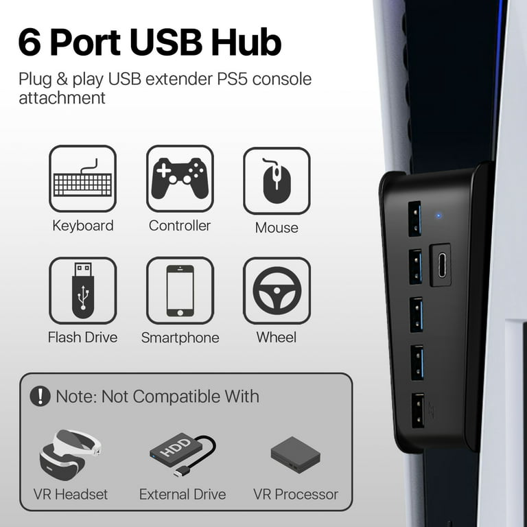 PS5 USB Hub, 5 Port USB Hub for PS5,USB High-Speed Expansion Hub Charger  USB Extender for PS5 Game Console, with 4 USB 2.0 Ports + 1 Type C 3.1 Port