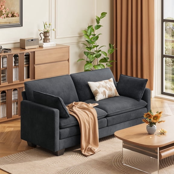 Asofer 75" Comfy Upholstered Sofa, 2 Seater Couch for Living Room, Big Loveseat with Extra Deep Seats, 2 Pillows, Dark Gray