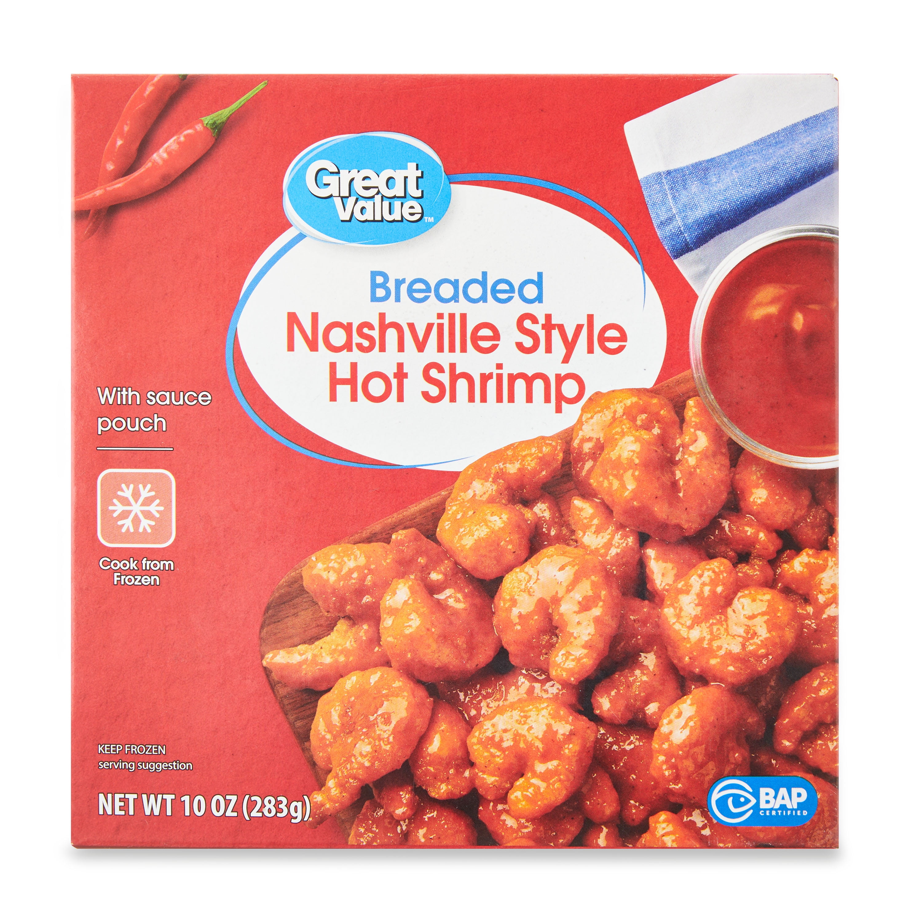 Great Value Breaded Nashville Style Hot Shrimp with Sauce, Frozen Meal, 10  Ounces (283g) 