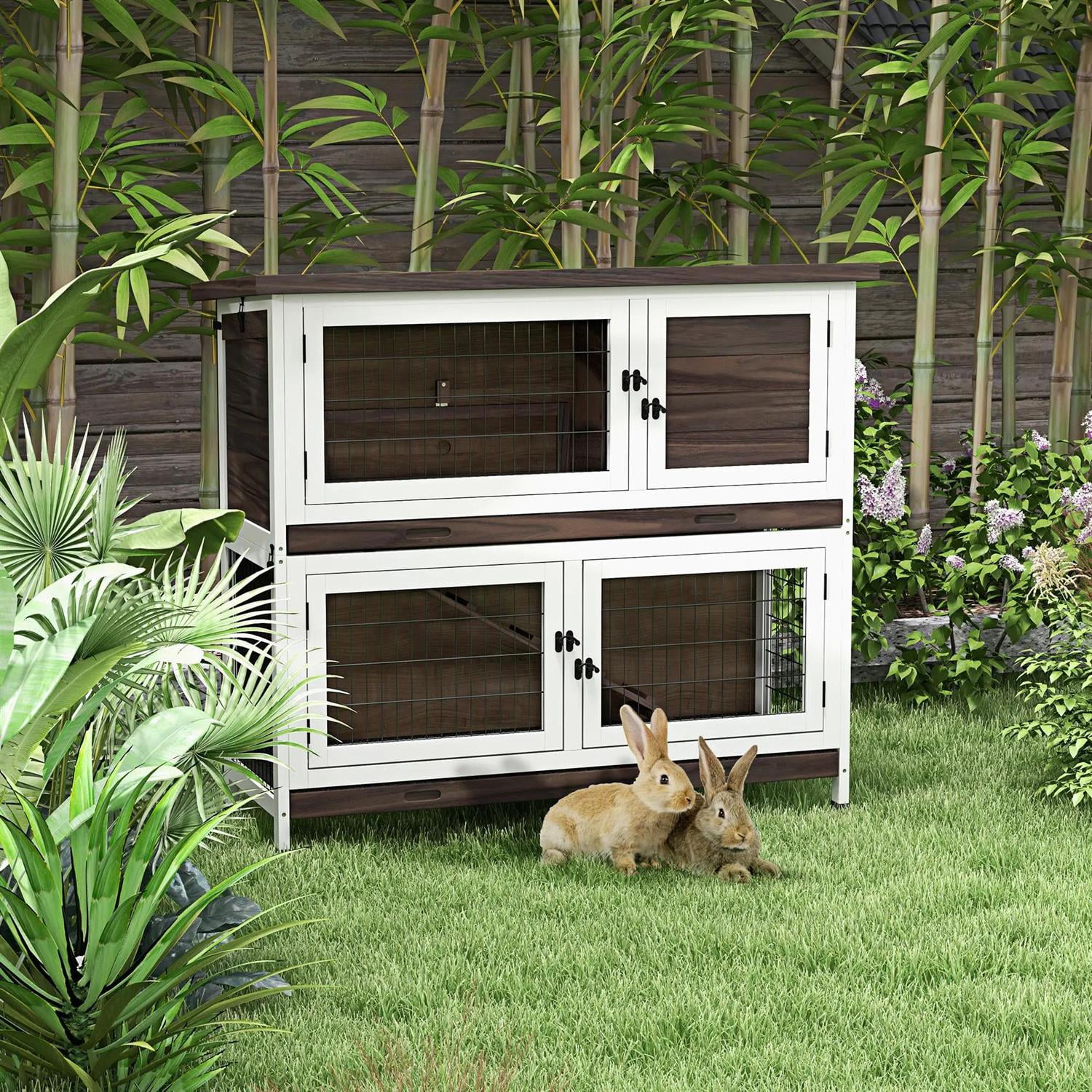 Pefilos 46" Outdoor Wooden Rabbit Hutch with Ramp, Removable Trays, Outdoor Bunny Enclosure Guinea Pig Cage for Small Animals, Brown