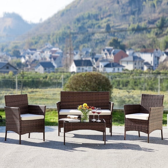 SHOUFTW Stylish 4-Piece Brown Wicker Patio Set with Comfortable Cushions and Glass Table – Designed for Outdoor Spaces
