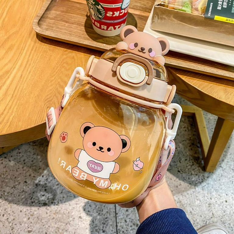 Plastic Straw Cup With Cartoon Design And Rope, Cute Bear Shaped Water  Bottle For Outdoor Use