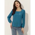 thumbnail image 3 of Blusa informal de manga larga con cuello cuadrado y pliegues en la parte delantera para mujer Azul XL, 3 of 6