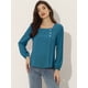 thumbnail image 3 of Blusa informal de manga larga con cuello cuadrado y pliegues en la parte delantera para mujer Azul XL, 3 of 6
