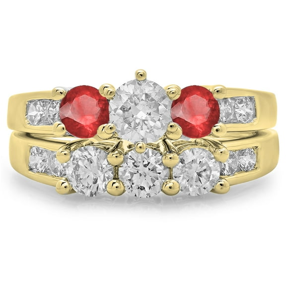 Dazzlingrock Collection 14K Round Ruby & White Diamond Ladies Bridal 3 Stone Engagement Ring Set, Yellow Gold, Size 5.5