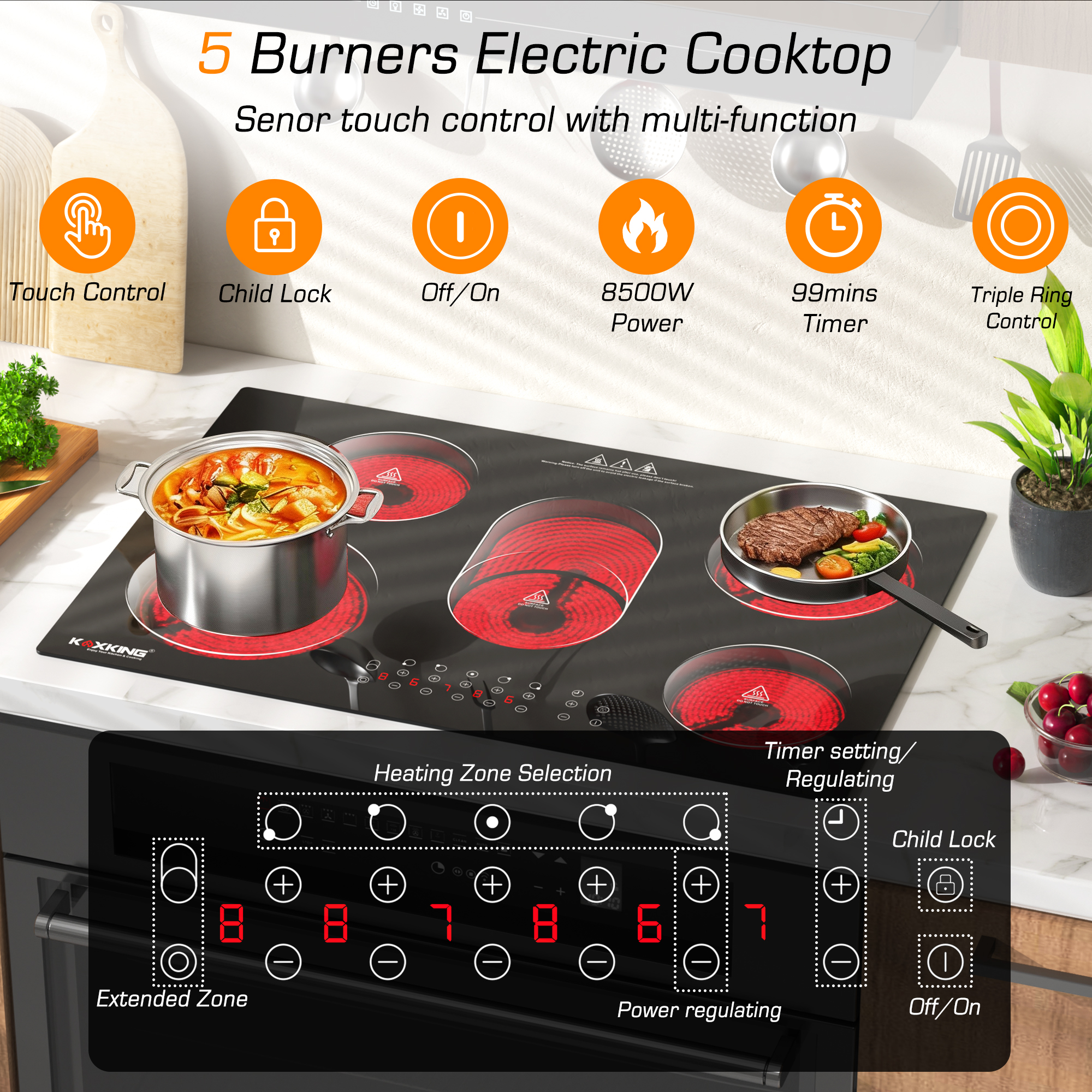 30 Inch Electric Cooktop 5 Burners, 8500W Built-in Radiant Ceramic Stove Top with Dual Expandable Heating Zone, Touch Control 9 Power Levels, Timer & Child Lock, Hard Wired 220-240V(NO PLUG)