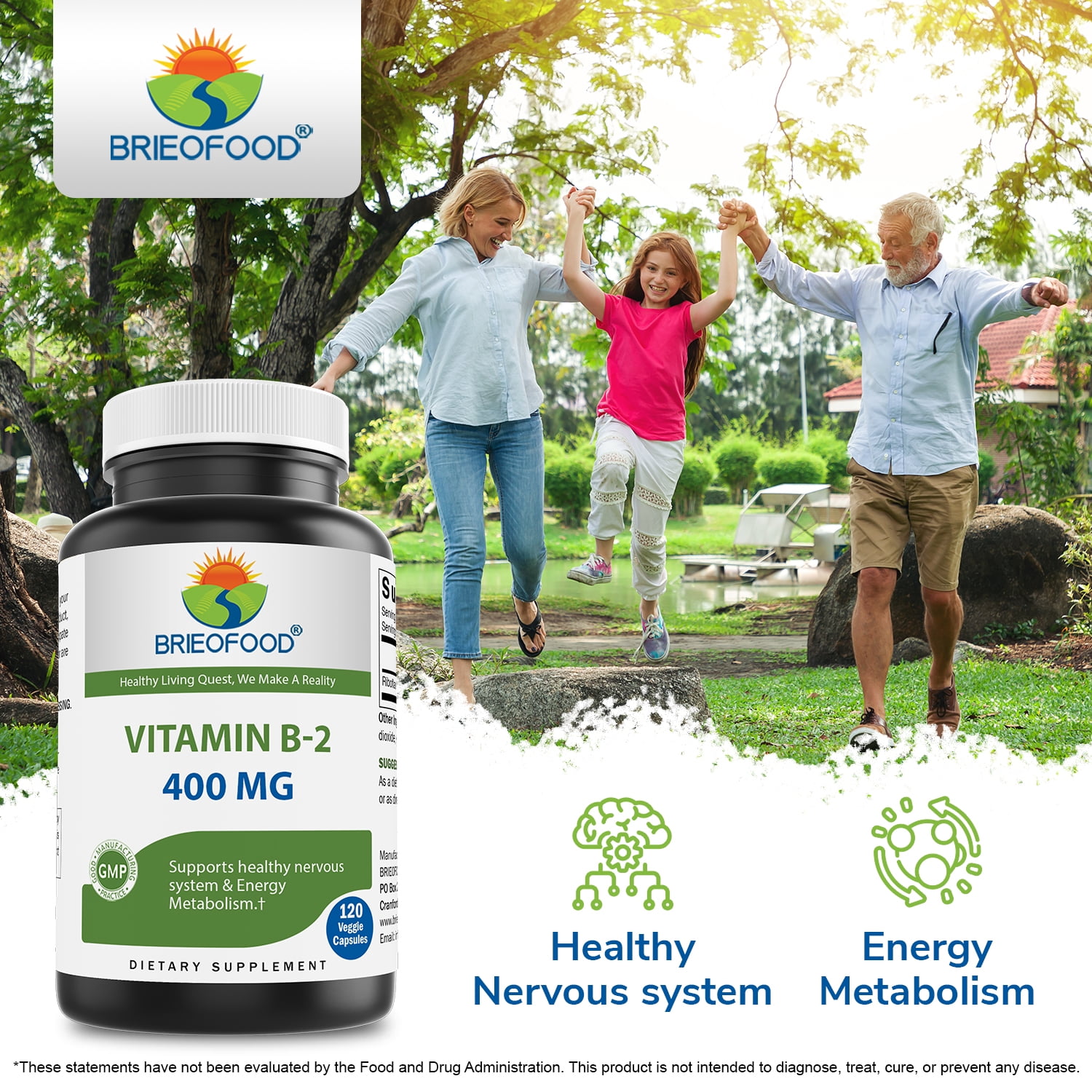 (3 pack) Brieofood Vitamin B2 (Riboflavin) 400mg, 120 Veggie Capsules - Gluten Free, Non-GMO