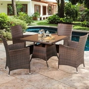 SOLAURA 5-Piece Outdoor Patio Dining Sets Wicker Chairs and Square Glass Table - Brown