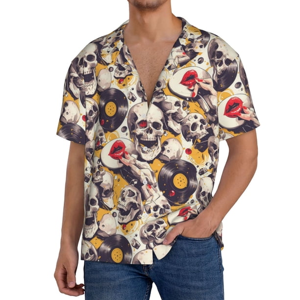 Balery lips record rock Skull Camisa Casual de Manga Corta con Botones para Hombre, Texturizada, Estilo Cubano, para Playa, Verano-Large