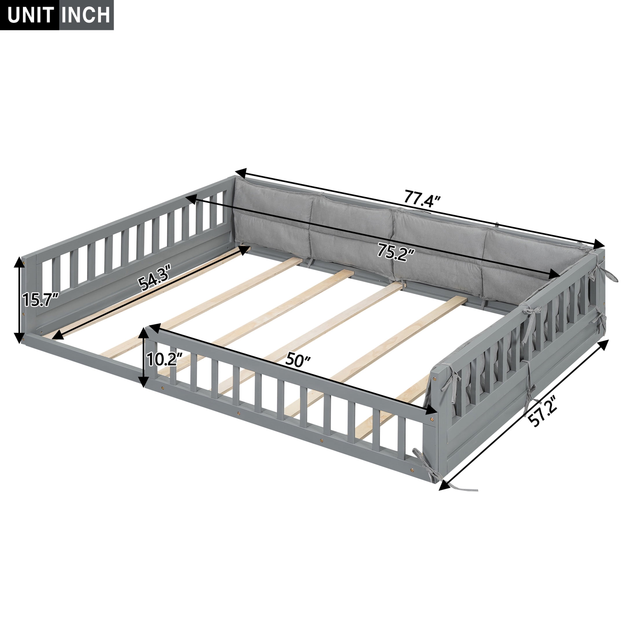 Noble House Myrrh Full Size Upholstered Platform Bed with Guardrails and Plush Pillows, Pine Wood Frame, Gray