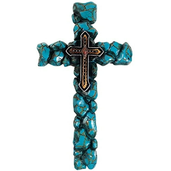 Urbalabs Western 12 Inch Wall Cross Teal Stone with Gold Cross Silver Star Distressed Wall Hanging Cross Country Wall Decor Room Decoration Office Church Home (Teal stone)