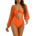 thumbnail image 1 of Bikini de una pieza con escote en V, mangas largas, malla y control de abdomen, color naranja, talla X-Small, 1 of 5