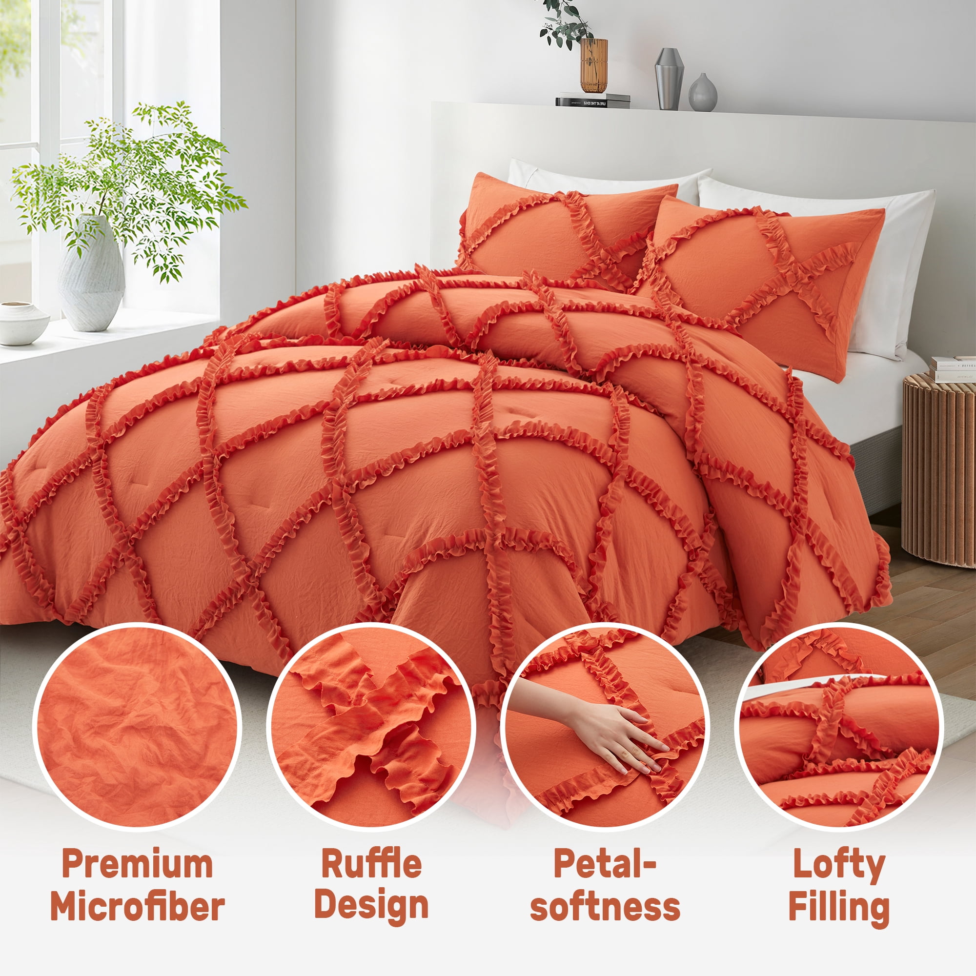 Comforter Set King Size Bedding – 3 Piece Farmhouse Bedding Set Cover Ruffle & Lightweight Comforter and Pillow Case Vintage Bedding for Bedroom as Home Bed Set Boho Chic Comforter for Luxury Comfort