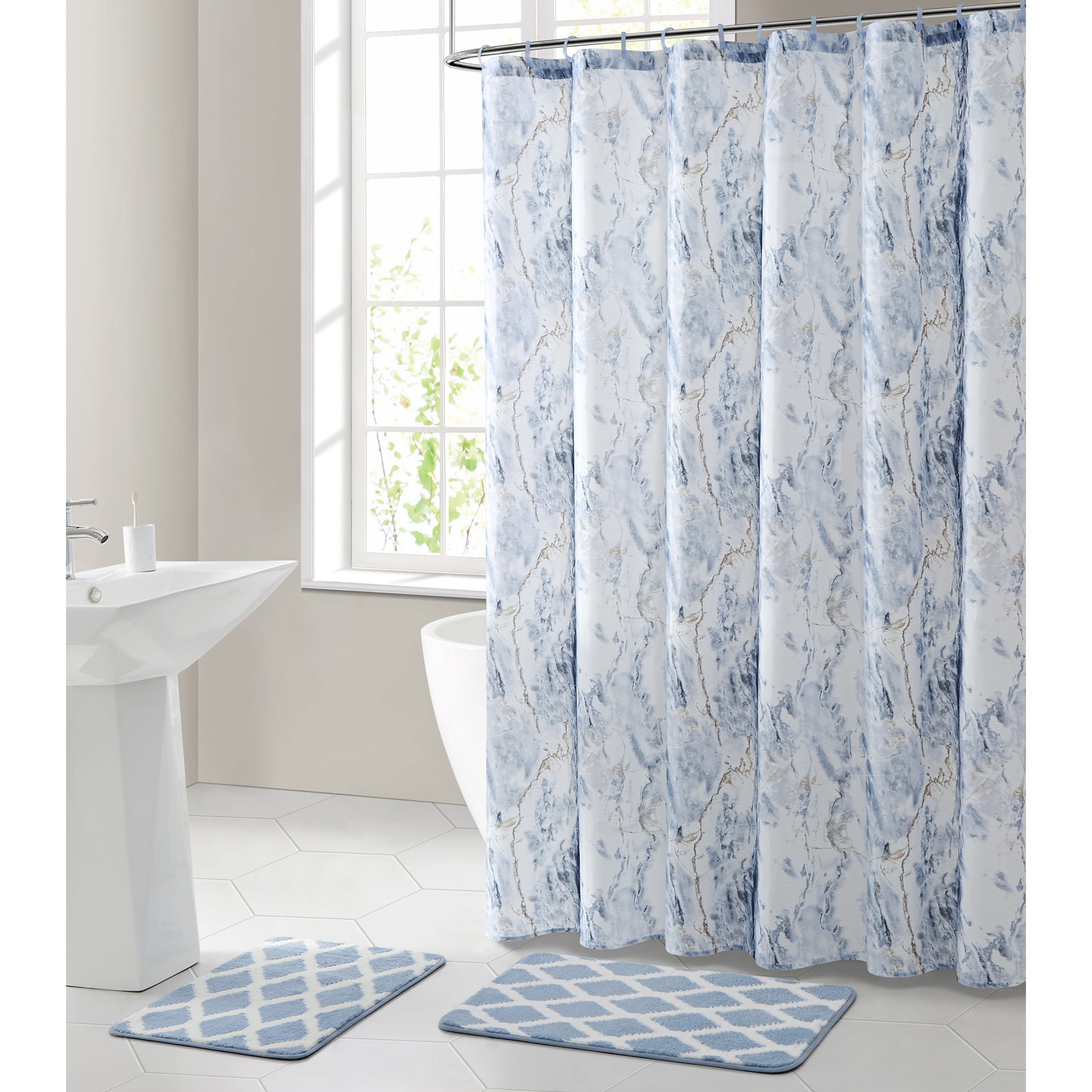 White & Grey Marble Modern PEVA Waterproof Shower Curtain & Rings Set Bathroom 