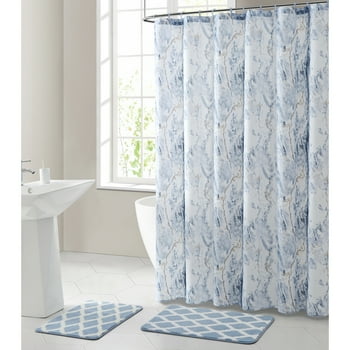 Mainstays 15-Piece Marble Polyester Shower Curtain Set, Blue