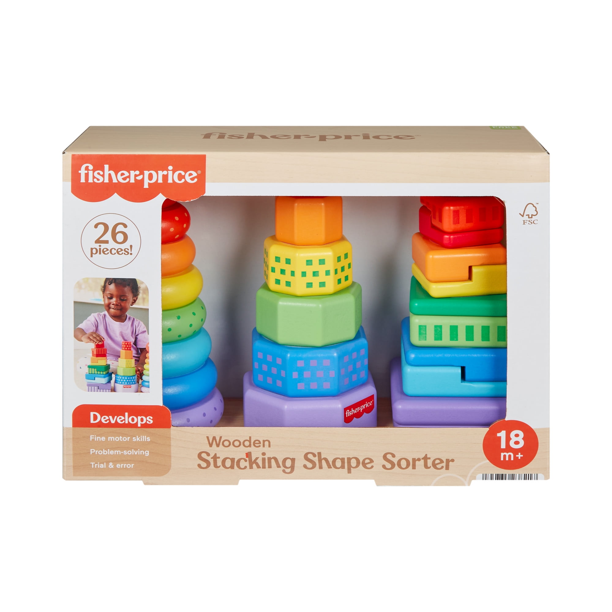 Fisher-Price Wooden Rainbow Stacking Shape Sorter, Fine Motor Toy for Toddlers, 26 Wood Pieces