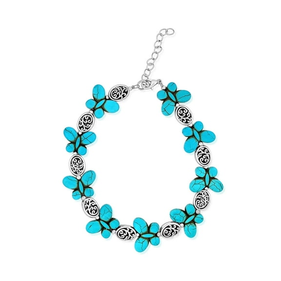 Besheek Silvertone and Turquoise Butterfly Filigree Adjustable Anklet