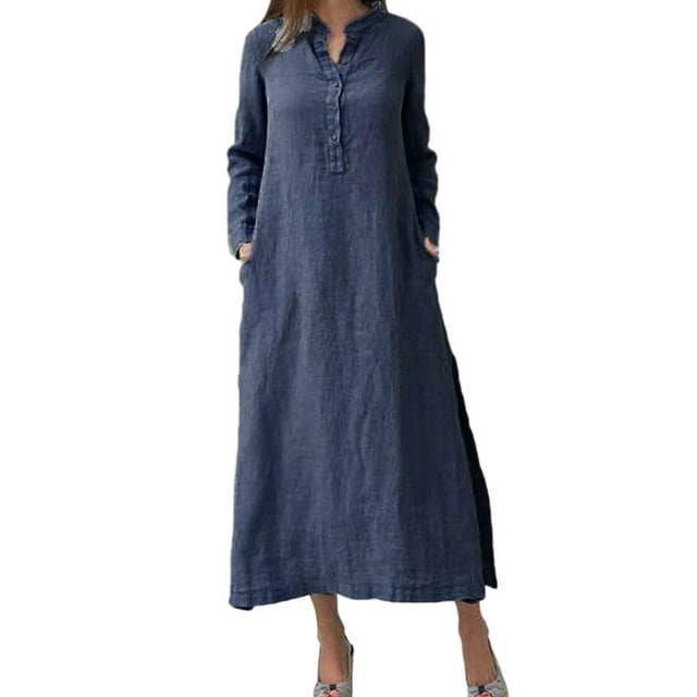 MAWCLOS Robe Femme Manches Longues Robes Maxi Couleur Unie Ample Vacances Col en V Bleu Marine 3TG