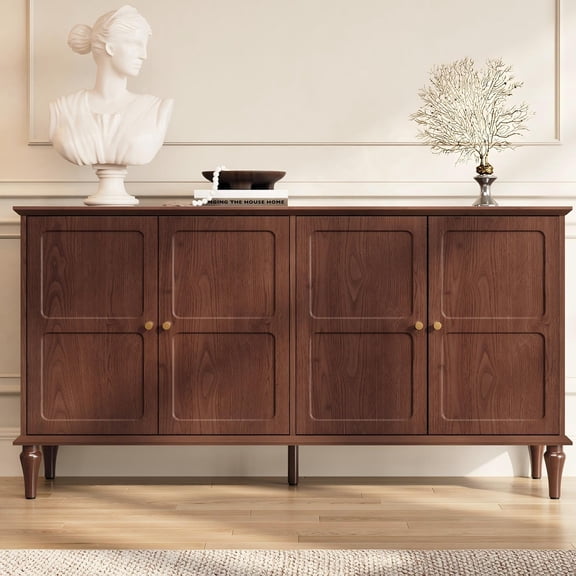 HLR Mid Century 58" Wood 4 Door Sideboard Buffet Cabinet with Storage for Living Dining (Brown)