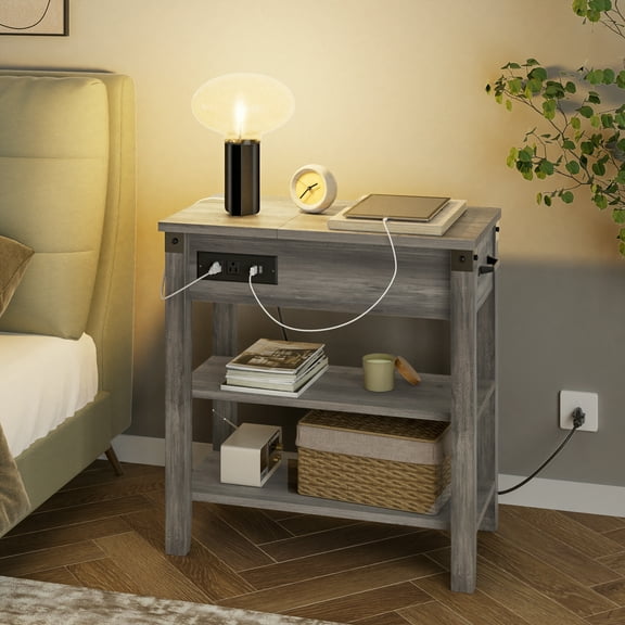 Narrow End Table with USB Ports & Outlets, Flip Top Side Table with Drawer and Storage Shelves for Living Room, Bedroom, or Small Spaces