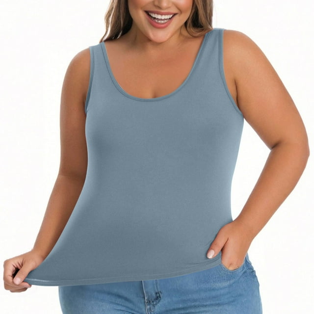 Posijego L-5XL Womens Plus Size Tank Tops with Built in Bra Summer Strap Layer Camisole Tops Basic Undershirts