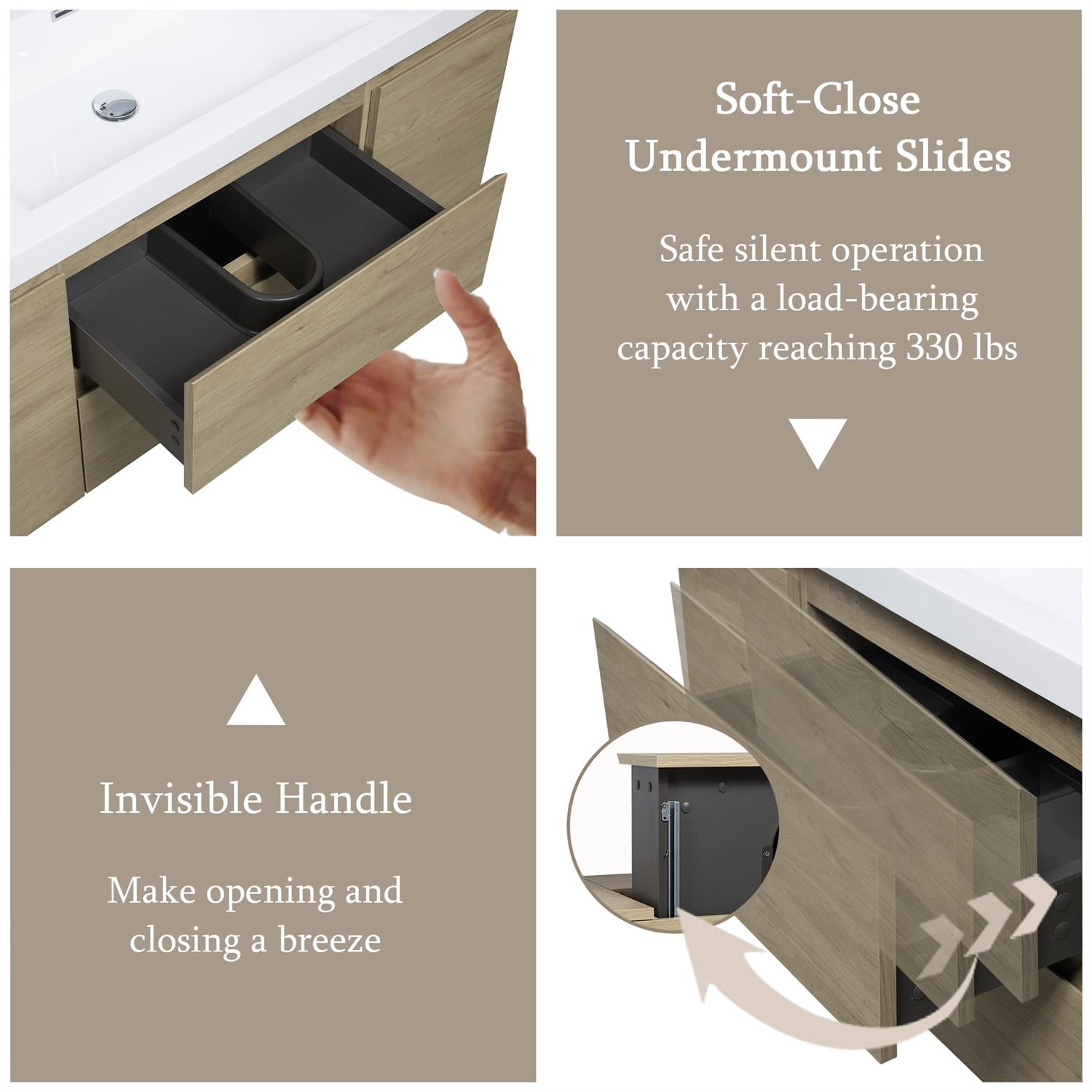 Demi Bonn 48" Floating Bathroom Vanity with Sink, Resin Top Basin and 2 Soft Close Drawers, 2 Storage Cabinet, Faucets and Drains Not Included, Brown