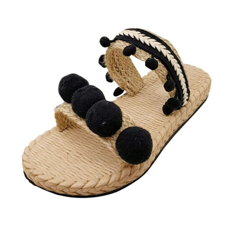 

ZIZOCWA Summer Beach Women Sandals Slippers Fashion Straw Weave Bottom Flat Slides Boho Style Tassel Casual Open Toe Female Slippers Black Size7