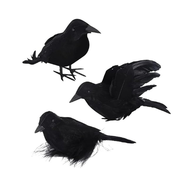 3 piezas de cuervos de Halloween, decoración de cuervos y cuervos de Halloween, cuervos con plumas negras realistas hechos a mano para decoración de Estilo C