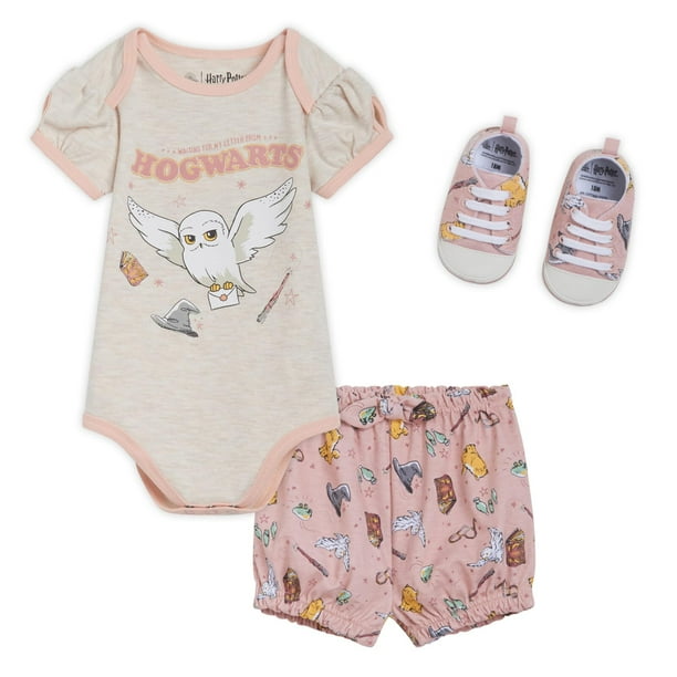 Conjunto para Bebé Niña Harry Potter Hedwig, Body, Pantalones Cortos y Zapatos 3 Piezas, Blanco Roto/Rosa, 12 Meses