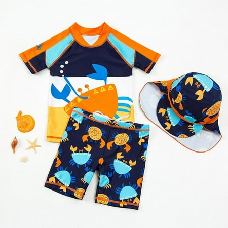 

Toddler Boys Swimsuit Rash Guard Toddler Kids Short Sleeve Trunks and Shirt with Hat Swim Bathing Suit Set
