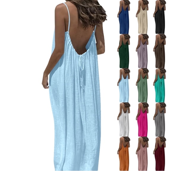 Elvqul Sleeveless Sundress for Women Summer Slip Dress Plus Size Backless Casual Solid Color Spaghetti Strap Womens Maxi Dress Pull On