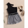 thumbnail image 3 of Bagilaanoe 2pcs Little Girl Short Pants Set Sleeveless Vest Tops + Plaid Shorts with Belt 4T 5T 6T 7T Kids Casual Summer Outfits, 3 of 8