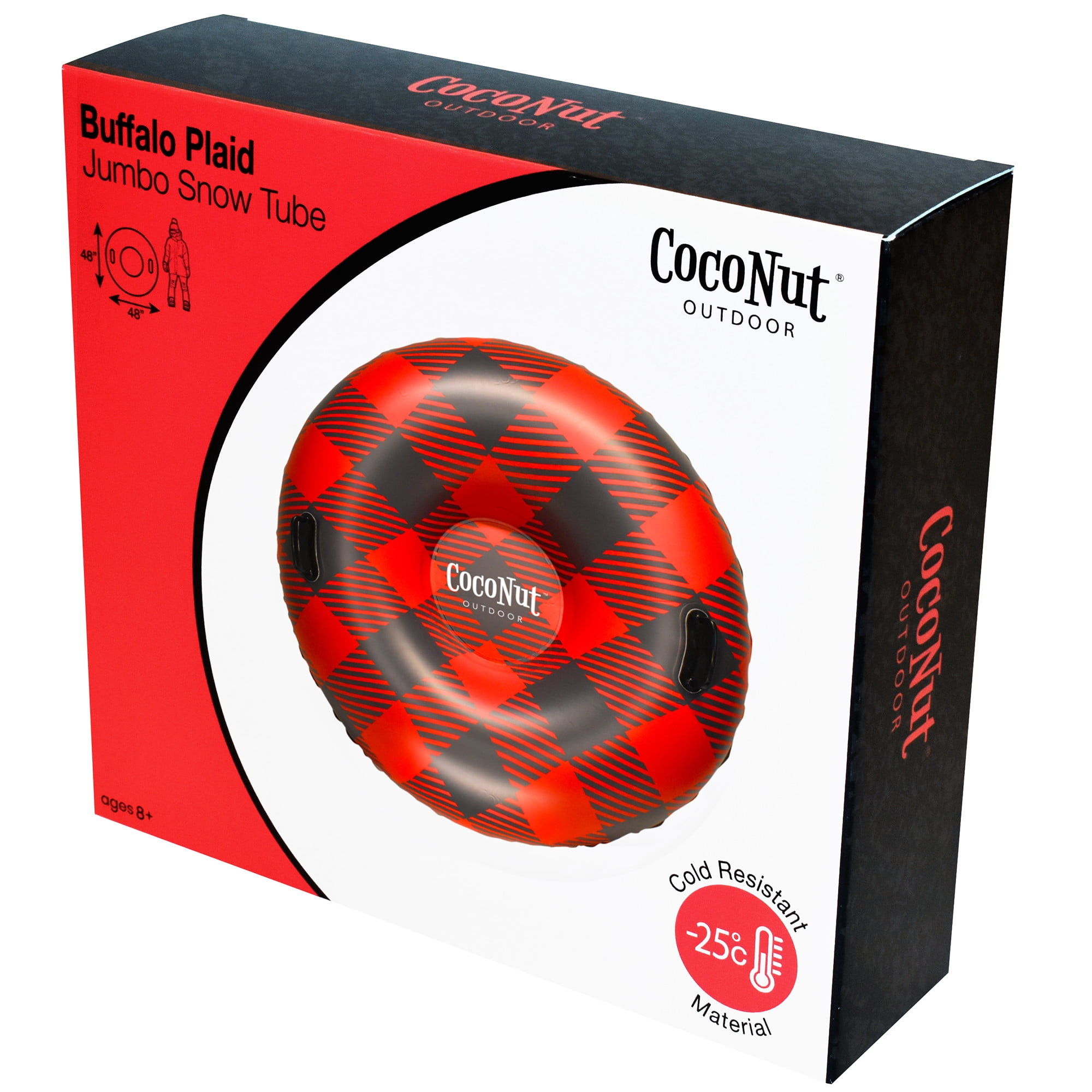 CocoNut Outdoor: Buffalo Plaid - 48" Jumbo Snow Tube - Red & Black Inflatable Ring, Cold Resistant PVC, Winter Sled, 200lb Cap, Kids-Teens-Adults 8+