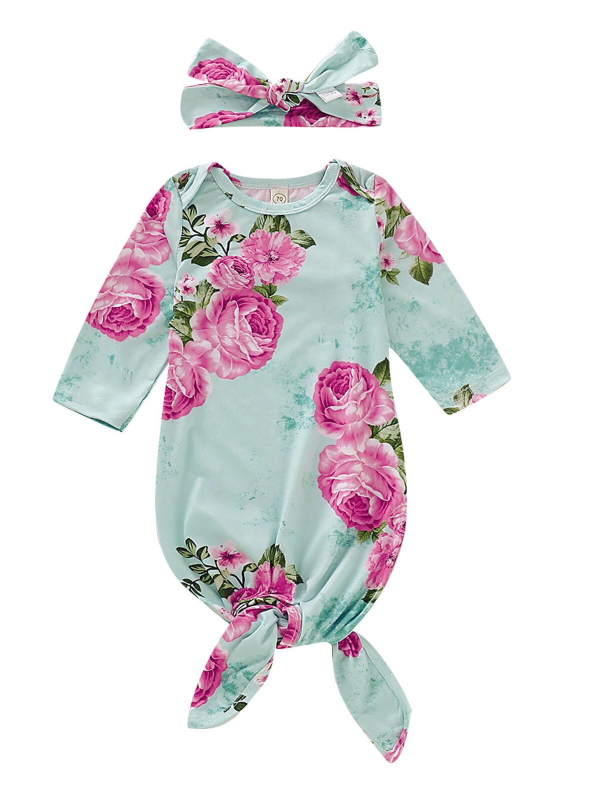 Newborn Baby Girls Sleeper Gown Floral Knotted Nightgown Pajamas+Headband Outfit 
