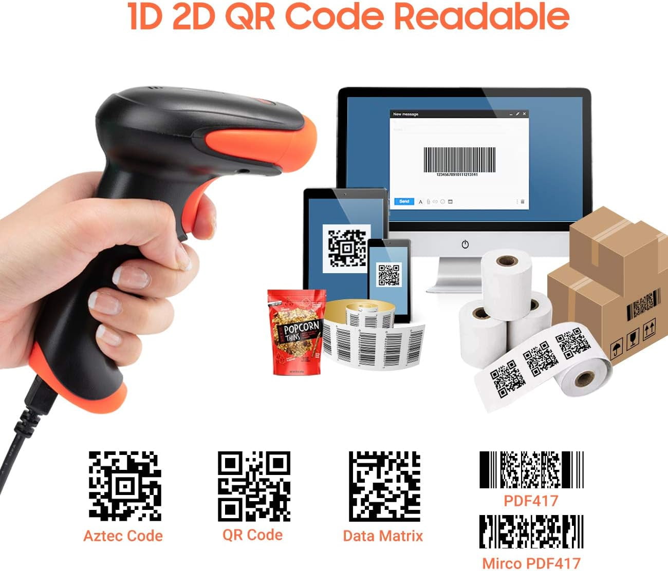 Wireless 2D QR Barcode Scanner with Stand, 3 in 1 Compatible with Bluetooth & 2.4GHz Wireless & USB Wired Barcode Reader Handheld Bar Code Reader HW0001