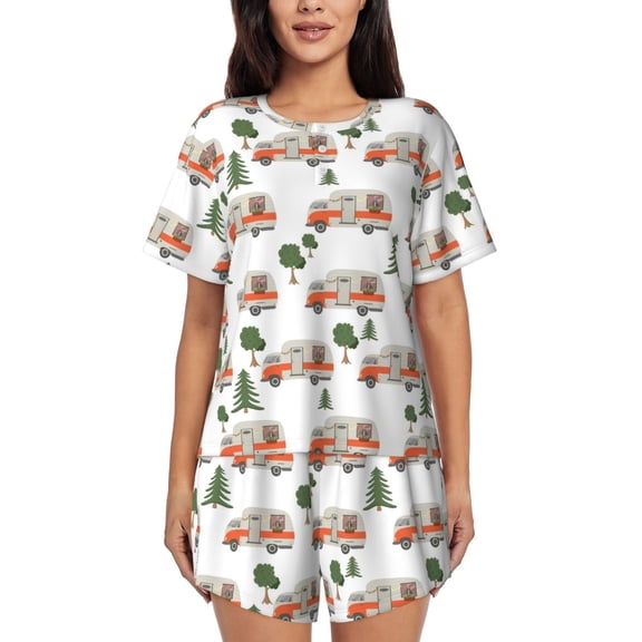 Rateoe Camp Van Pattern Women's Short-Sleeved Pajama Set - 2 Piece Soft and Lightweight Sleepwear Set-Small