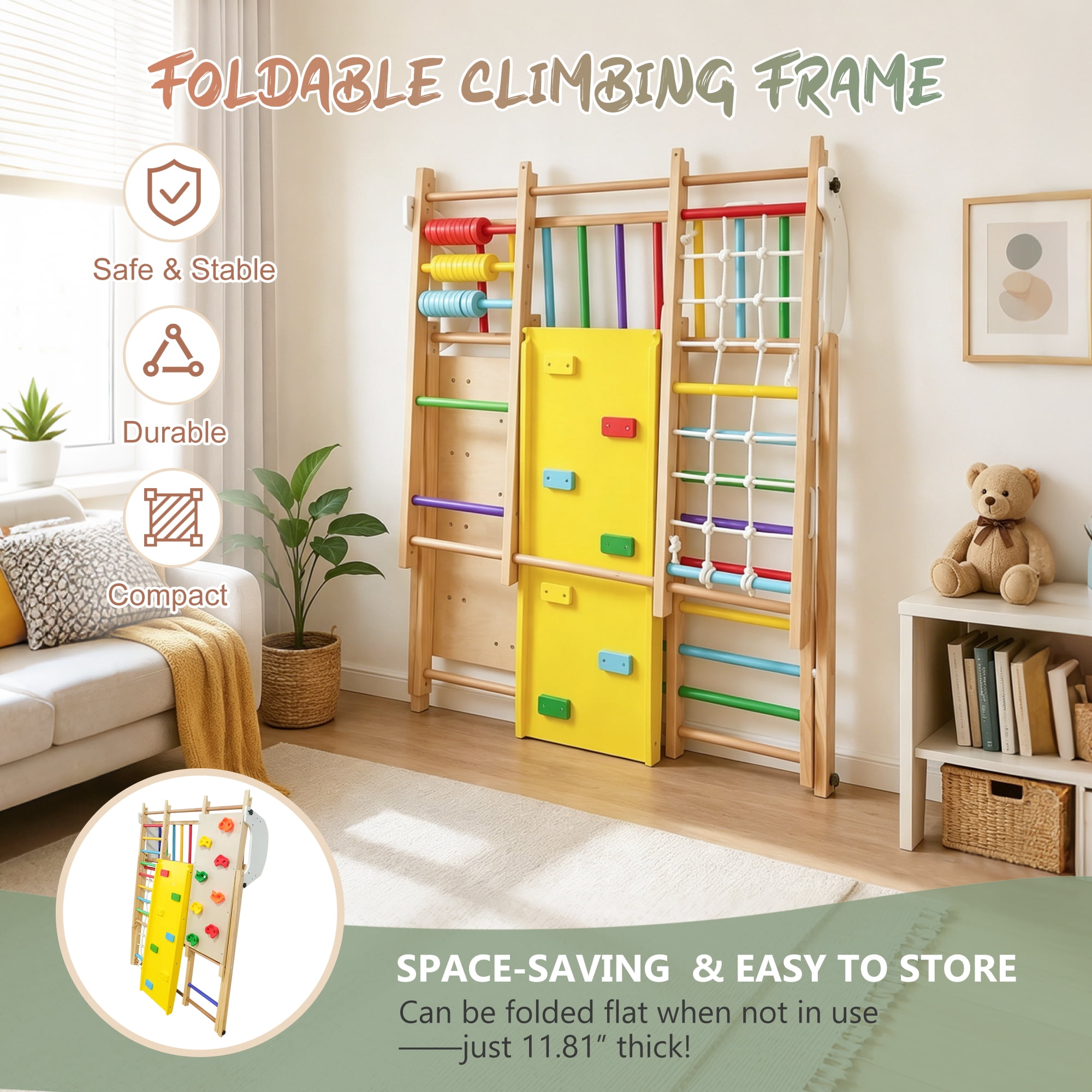 9 in 1 Foldable Kids Climbing Frame & Slide, Wooden Toddler Playground with Swing, Monkey Bars, Climbing Rock, Abacus Game, Indoor Outdoor Playset for Ages 3+, Natural Wood, 176LBS Capacity