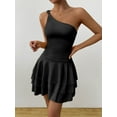 thumbnail image 4 of Women'S One Shoulder Smocked Shirred Tiered Ruffle Sleeveless A-Line Mini Dress Black XS, 4 of 5
