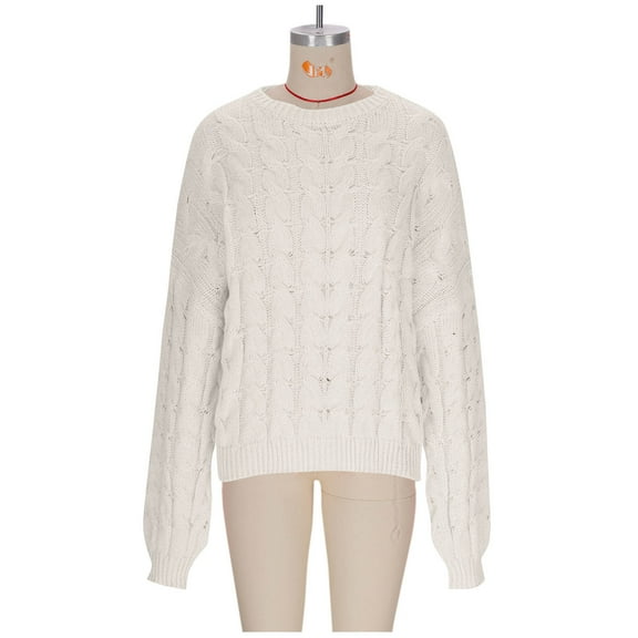 safuny Women's Solid Cable Knit Sweater Casual Long Sleeve Pullover Casual Crew Neck Knitted Tops White _i L